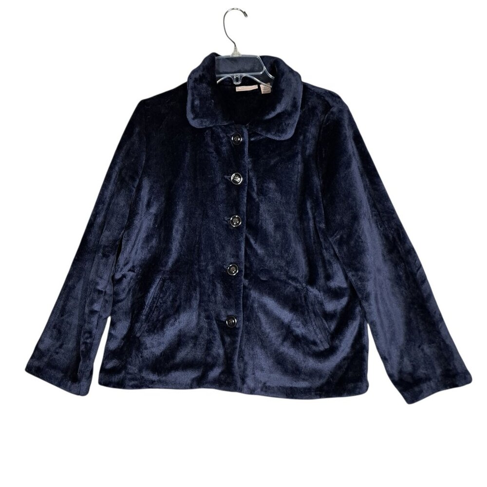 Chicos Plush Faux Fur Jacket Navy Blue Womens Size M 8 Button Up Down Comfy Cozy